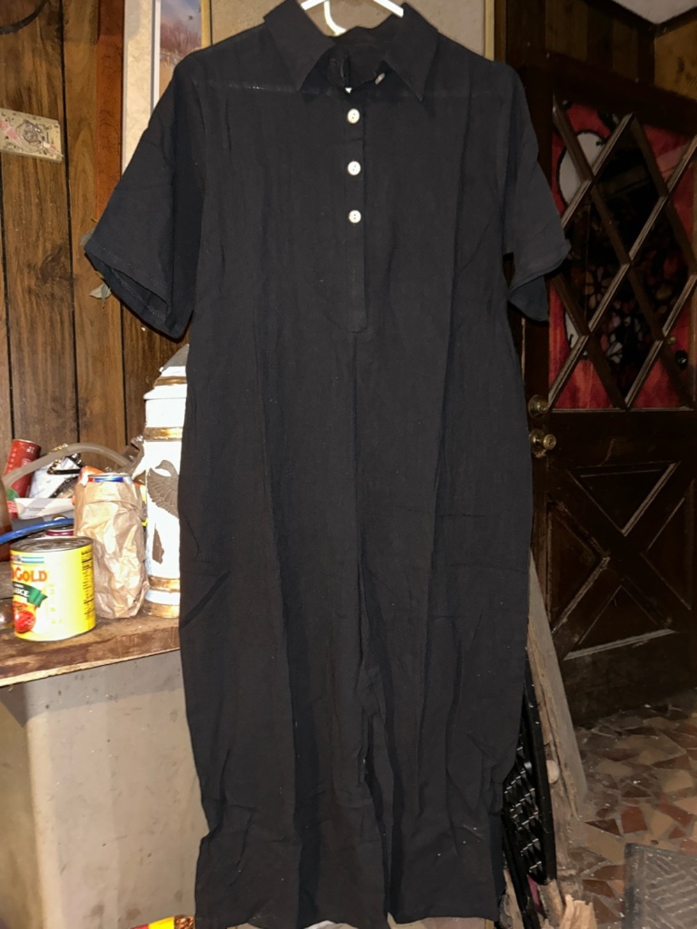 Black Button-Front Short Sleeve Midi Dress